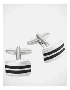 Brushed Rhodium With Black Stripe Cufflinks In Silver