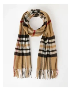 Basque Cashmink Plaid Winter Scarf With Fringe In Camel