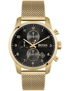 Hugo Boss Skymaster 44mm Gold Mesh Black Chrono Watch 1513838