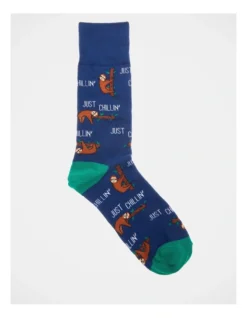 1 Pair Just Chillin Sloths Crew Length Socks In Blue