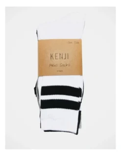 4 Pair Sports Crew Rib Socks In White/Black/Grey Stripe