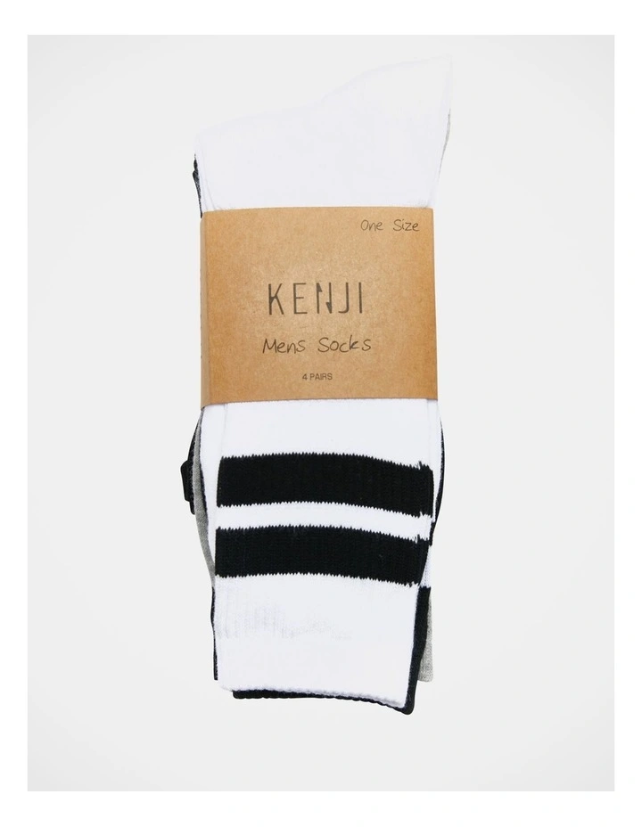4 Pair Sports Crew Rib Socks In White/Black/Grey Stripe 1 4 Pair Sports Crew Rib Socks In White/Black/Grey Stripe