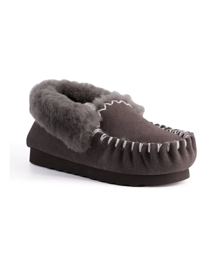 Hand Stitched Womens Sheepskin Moccasin Dark Grey 1 Hand Stitched Womens Sheepskin Moccasin Dark Grey