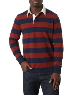 Lockey Stripe Long Sleeve Rugby Polo In Navy Multi