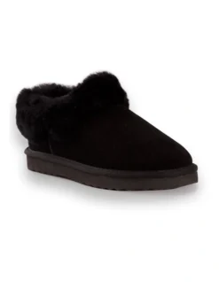 AUS WOOLI UGG UNISEX SHEEPSKIN WOOL TRADITIONAL ANKLE SLIPPERS Black