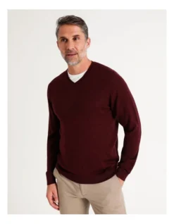 Australian Merino V-Neck Knit In Burgundy