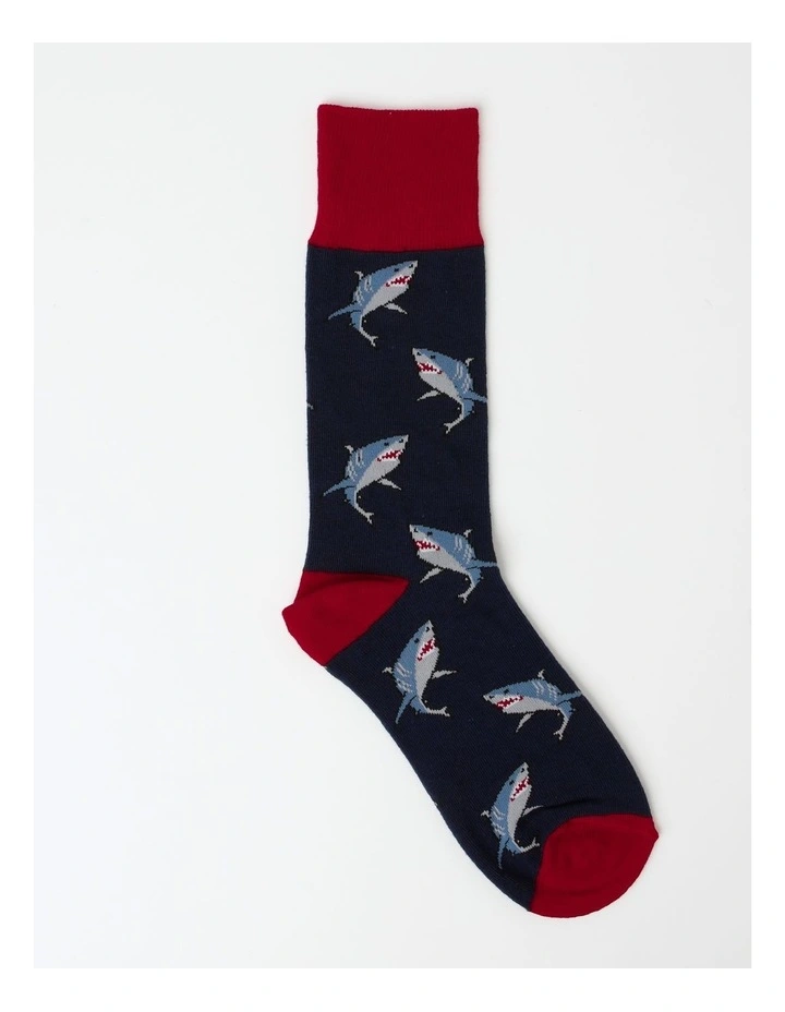 1 Pair Swimming Shark Crew Length Socks In Navy 1 1 Pair Swimming Shark Crew Length Socks In Navy