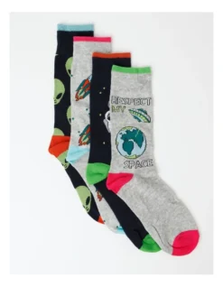 4 Pair Pack Crew Socks In Space Designs