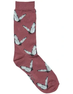 1 Pair Bamboo Butterfly Design Crew Socks In Red Multi