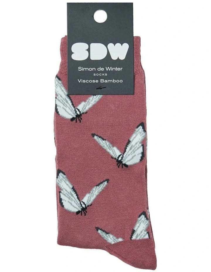 1 Pair Bamboo Butterfly Design Crew Socks In Red Multi 2 1 Pair Bamboo Butterfly Design Crew Socks In Red Multi - Image 2