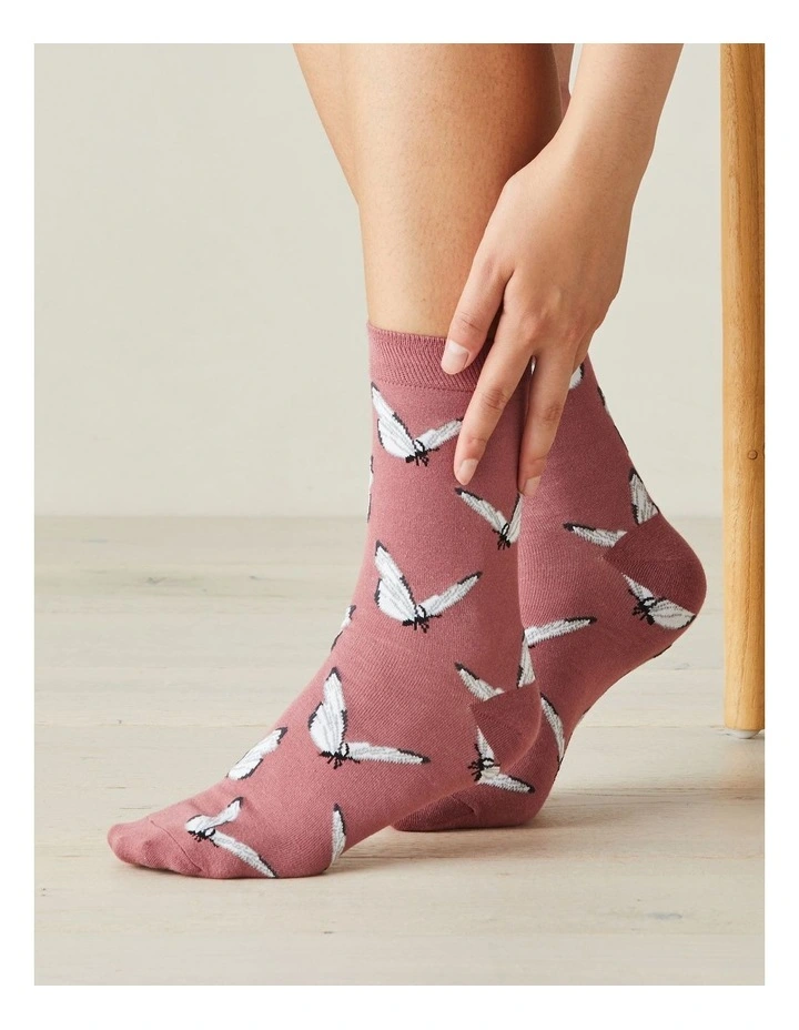 1 Pair Bamboo Butterfly Design Crew Socks In Red Multi 3 1 Pair Bamboo Butterfly Design Crew Socks In Red Multi - Image 3