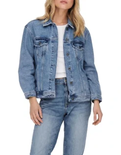 ONLY Ekat Life Long Sleeve Denim Jacket In Medium Blue Denim