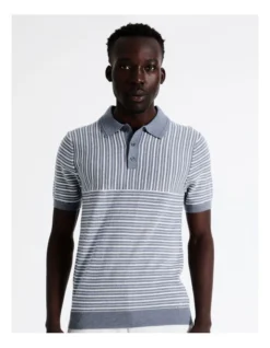 Matthew Stripe Knit Wool Blend Polo In Blue