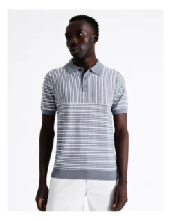 Matthew Stripe Knit Wool Blend Polo In Blue -Myer Clothing Shop 918596890 4 720x928