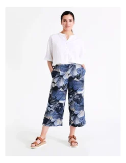 Regatta European Linen Blend Wide Leg Elastic Back Crop Pant In Blue/Neutral Floral Print
