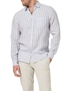Dominic Long Sleeve Linen Stripe Shirt In Purple Multi