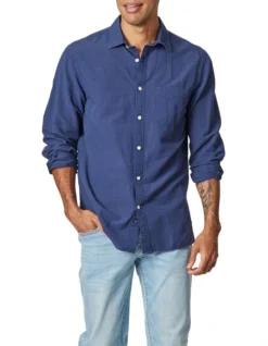 Collins Long Sleeve Linen Blend Shirt In Navy
