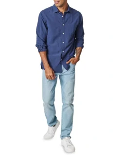 Collins Long Sleeve Linen Blend Shirt In Navy -Myer Clothing Shop 928137970 3 720x928