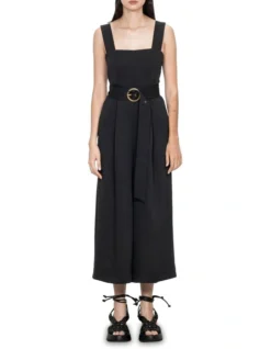 Dobby Belted Buckle Jumpsuit In Black