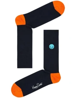 Happy Socks Smiley Embroidery Ribbed Socks In Navy
