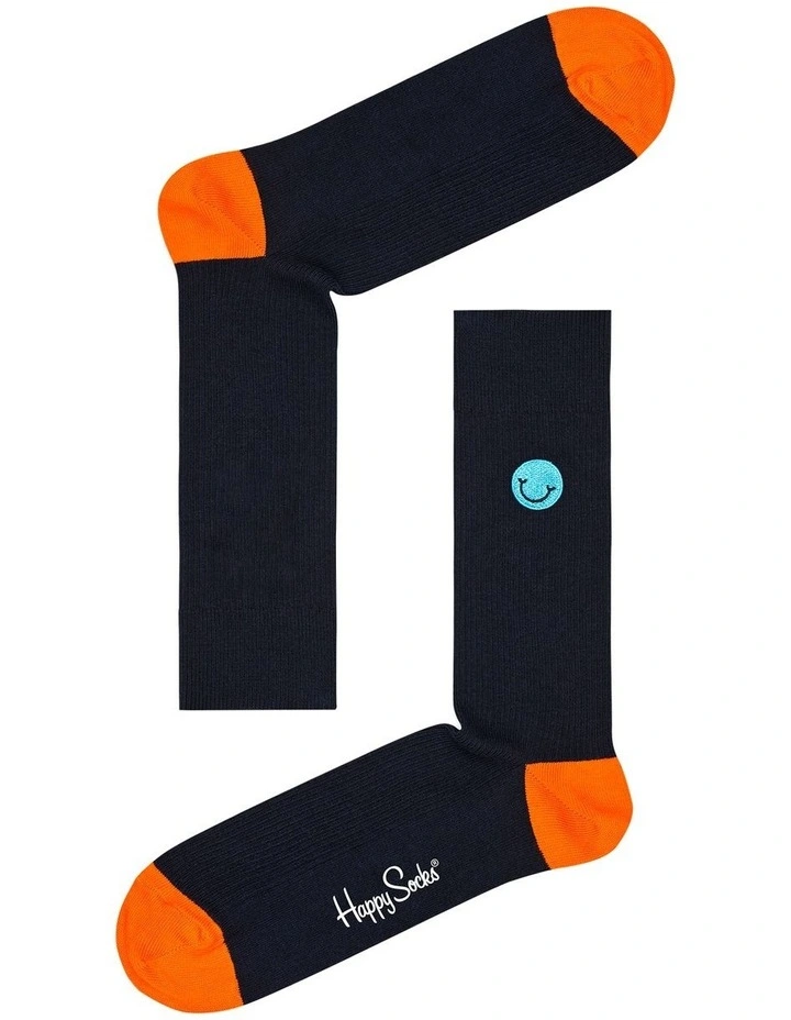 Happy Socks Smiley Embroidery Ribbed Socks In Navy 1 Happy Socks Smiley Embroidery Ribbed Socks In Navy
