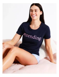 SOHO Organic Cotton Knit Short Sleeve Sleep Top In Navy Multi