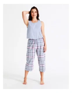SOHO Organic Cotton Woven 3/4 Pant In Pink/Blue Check