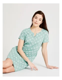 SOHO Organic Cotton Short Sleeve Half Placket Nightie In Mint