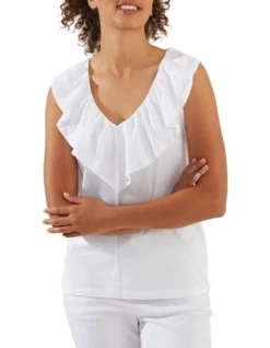 V Neck Ruffle Tee In White