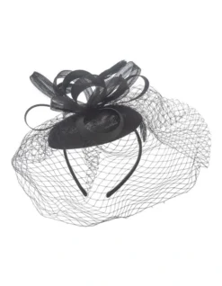 Crinoline Bow Feather And Veil Fascinator In Black