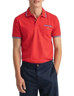 Gant 3-Colour Tipping Pique Short Sleeve Rugger Polo In Bright Red