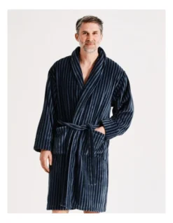 Stripe Shawl Robe In Marine Navy