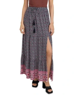 Vero Moda Amalia Long Slit Skirt In Navy Blazer Aop