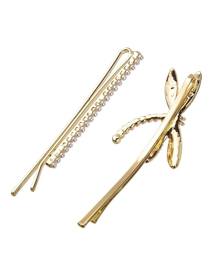 Pearl Dragonfly Bobby Pin Set In Gold 2 Pearl Dragonfly Bobby Pin Set In Gold - Image 2