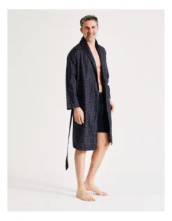 Cotton Poplin Robe Classic Neat In Navy