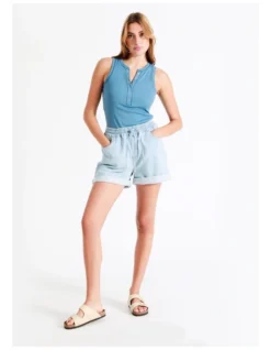 Recycled Blend Knitted Denim Short In Stone Rinse