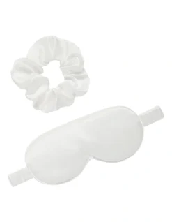 Silk Eye Mask And Scrunchie Set In White