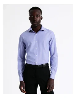 Slim Long Sleeve 1 Colour Dobby Shirt In Blue