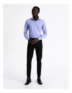 Slim Long Sleeve 1 Colour Dobby Shirt In Blue -Myer Clothing Shop 940487500 4 720x928