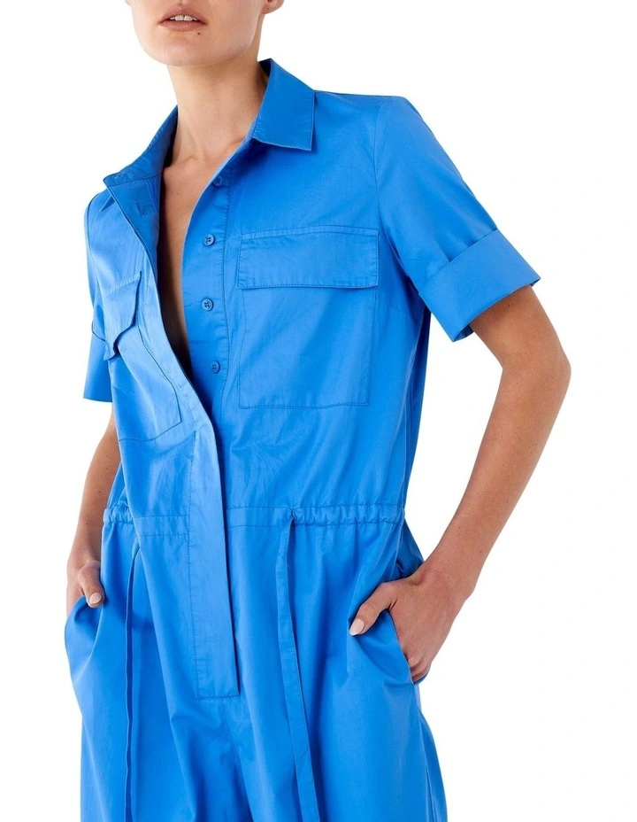 Poplin Cotton Tie Waist Jumpsuit In Blue 2 Poplin Cotton Tie Waist Jumpsuit In Blue - Image 2