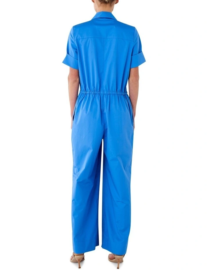 Poplin Cotton Tie Waist Jumpsuit In Blue 3 Poplin Cotton Tie Waist Jumpsuit In Blue - Image 3
