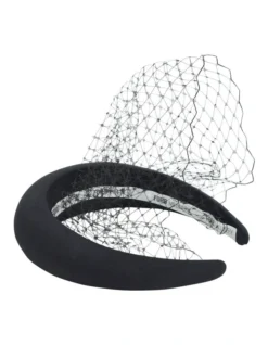 Satin Padded Headband With Veil In Black