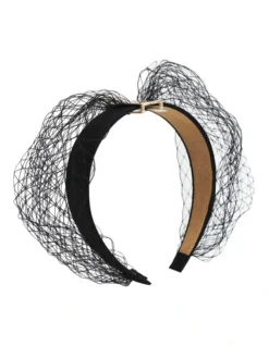 Wide Satin Veiling And Gold Trim Headband In Black