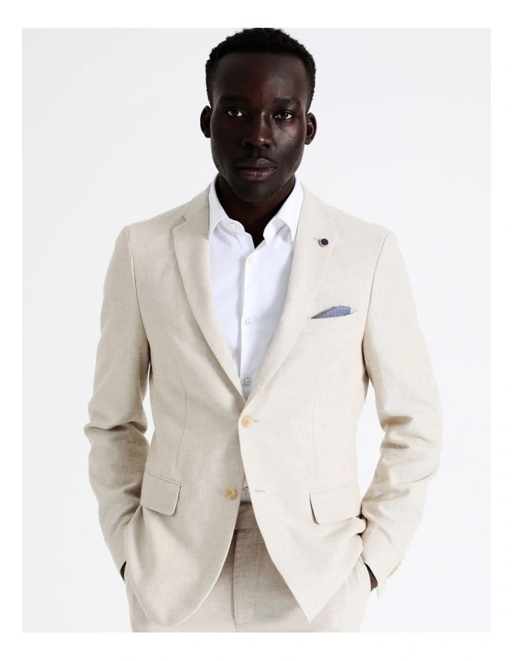 Slim Plain Linen Blend Suit Jacket In Ecru 3 Slim Plain Linen Blend Suit Jacket In Ecru - Image 3