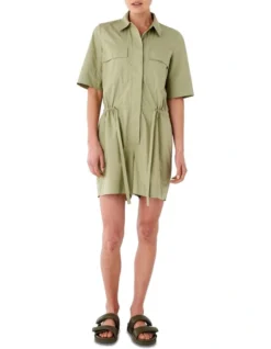 Poplin Cotton Cuffed Romper In Khaki Green