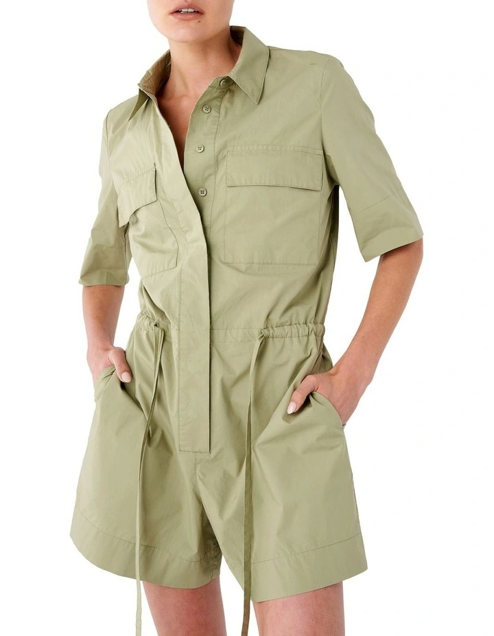 Poplin Cotton Cuffed Romper In Khaki Green 2 Poplin Cotton Cuffed Romper In Khaki Green - Image 2