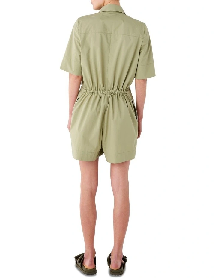 Poplin Cotton Cuffed Romper In Khaki Green 3 Poplin Cotton Cuffed Romper In Khaki Green - Image 3