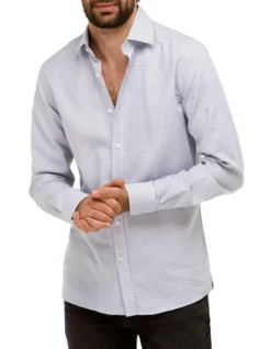 Brooksfield Fine Dot Slim Fit Dress Shirt In White/Navy