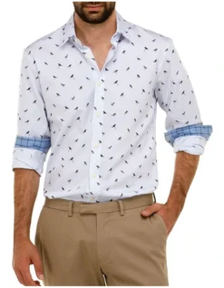 Brooksfield Bird Print Slim Fit Dress Shirt In White