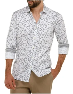 Brooksfield Abstract Floral Print Slim Fit Dress Shirt In White